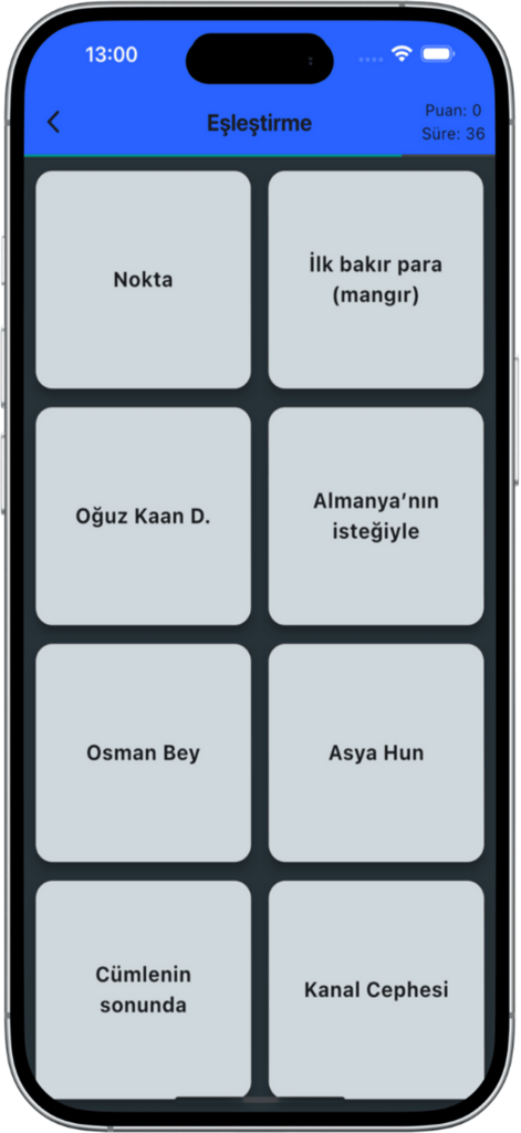 AGS Oyun Akademi Giriş Sınavı - Una pantalla de juego de emparejamiento en la aplicación de preparación de exámenes AGS que muestra tarjetas con términos históricos y gramaticales turcos.
