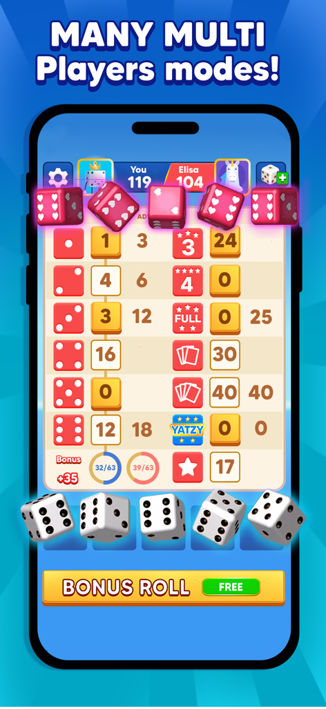 Yatzy Royal mobile app screenshot showing multiplayer dice game scorecard and rolls