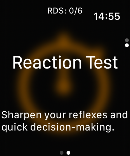 Wrist Stability - Pantalla de Prueba de Reacción en la aplicación Estabilidad de Muñeca para Apple Watch mostrando un icono de cronómetro y texto sobre agudizar reflejos.