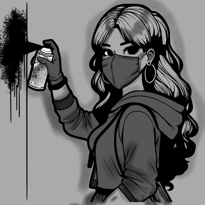 realistic girl with mask spray painting a wall