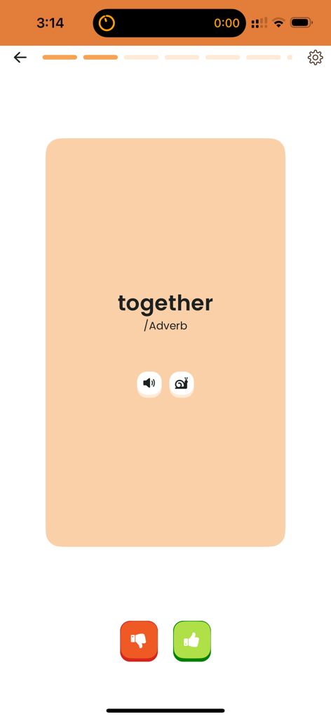 Flashcard di vocabolario inglese per la parola 'together' nell'app ZAmerican English