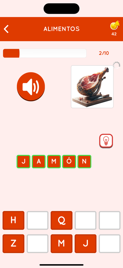 Learn Spanish for Beginner - Interactive Spanish vocabulary spelling exercise for the word jamon with a picture of ham