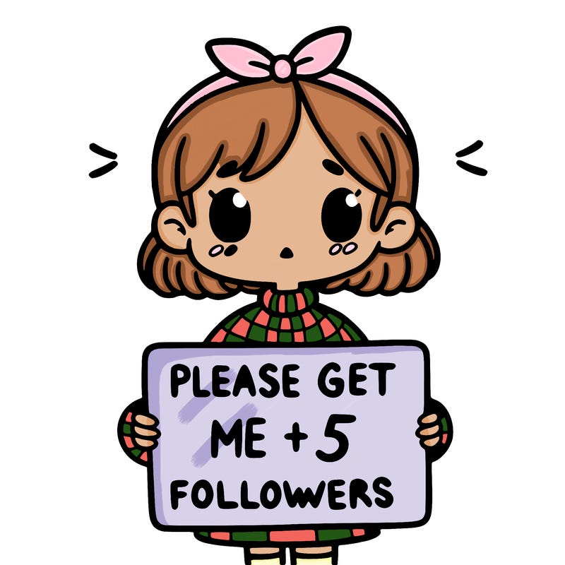 a girl with a sign that says please get me to 5 followers