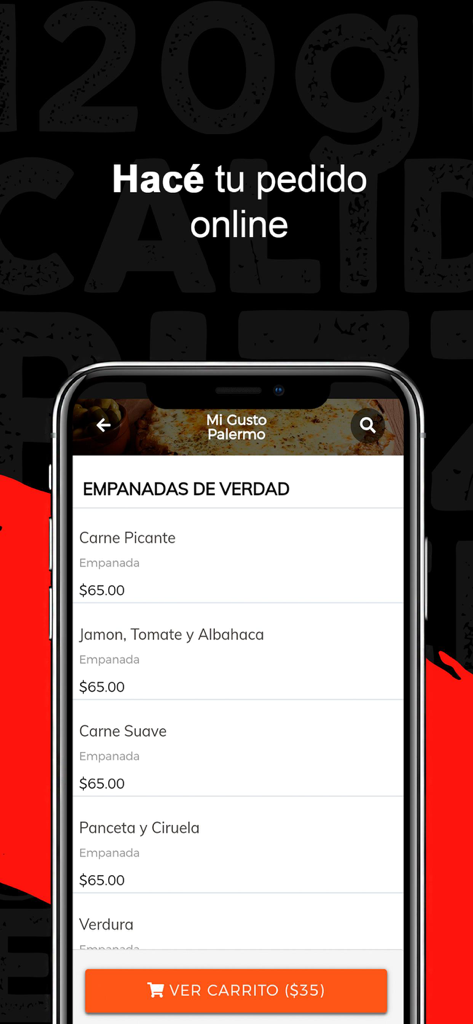 Mi Gusto - Mi Gusto mobile app screen showing a menu of different empanada flavors and their prices with an online ordering button.
