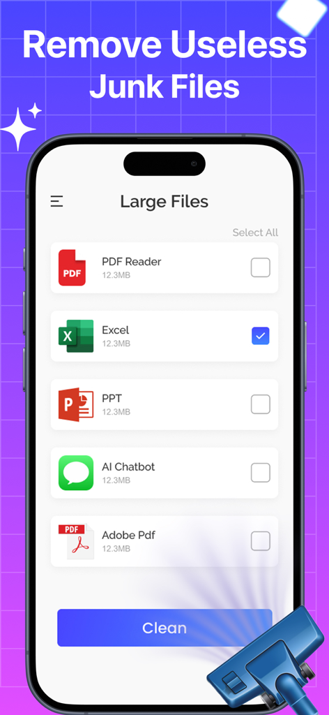 Phone Storage - Junk Removal - Interface of the phone storage app showing a list of large files to clean up to free up space.