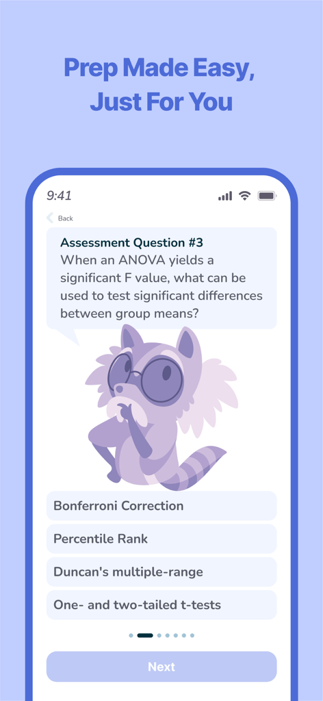 NCE Exam Prep 2026 | EZPrep - Bildschirm der mobilen App NCE Exam Prep mit einer Übungsbewertungsfrage zu ANOVA mit einem Cartoon-Waschbär-Maskottchen.
