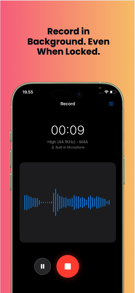 iRecorder: Background Recorder - iRecorder app interface showing an active audio recording session with a visual waveform.