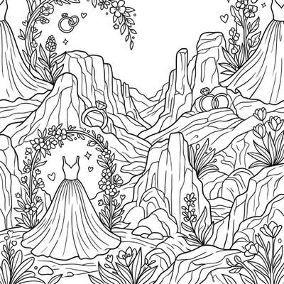 Discover a breathtaking coloring page where the grandeur of sacred valleys meets the romance of a wedding day. Adorn elegant gowns and sparkling rings with your favorite colors in this serene landscape.