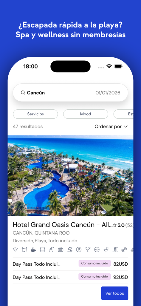 Pantalla de la aplicación Daypass que muestra un pase de día de resort de lujo para un hotel en Cancún con comodidades de piscina y playa.