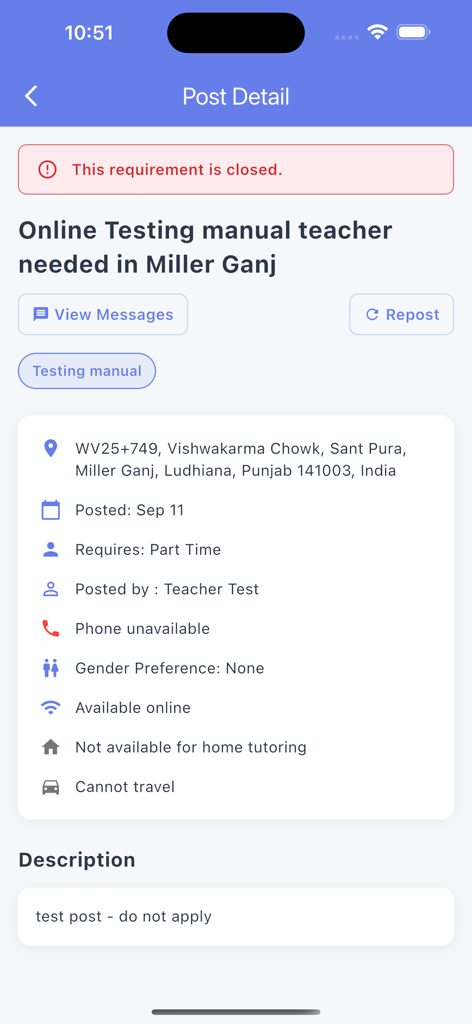 TeacherOn - TeacherOn app post detail screen showing a closed tutoring job requirement