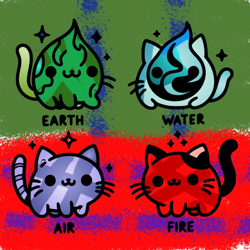4 cats that represent the different elements, earth, water, air, and fire