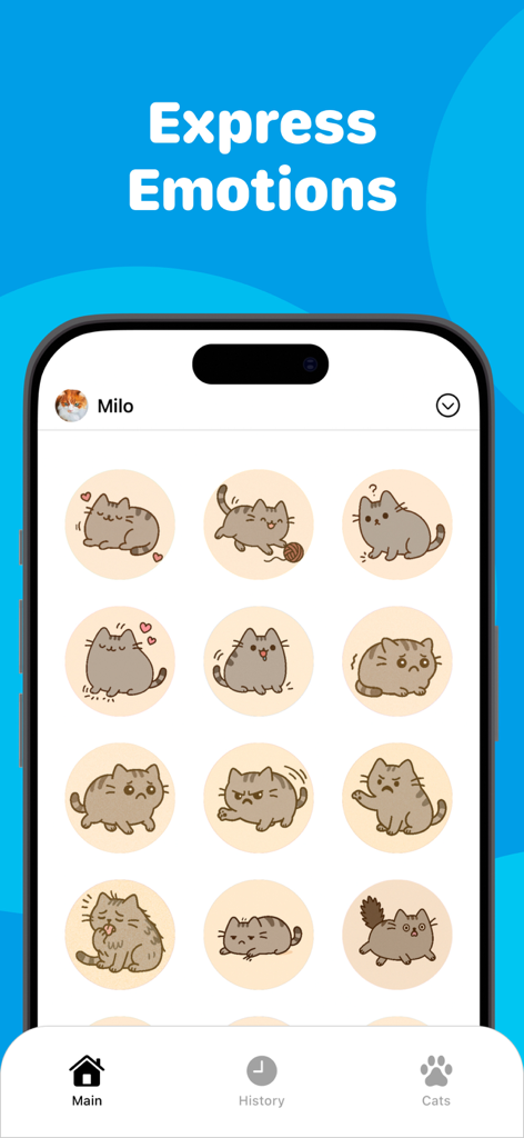 고양이 번역기 앱에서 귀여운 만화 고양이 기분 스티커 그리드를 특징으로 하는 감정 표현 화면
