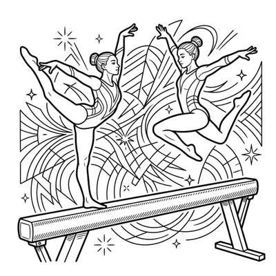 Experience the artistry and athleticism of balance beam gymnasts with this dynamic coloring page. Perfect for anyone who admires precision, grace, and the exciting world of gymnastics.