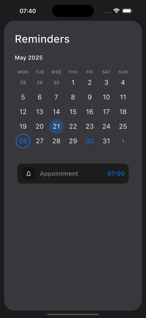 Mnemosyne: Mind's Archive - Monthly calendar view showing scheduled reminders and an appointment in the Mnemosyne app.