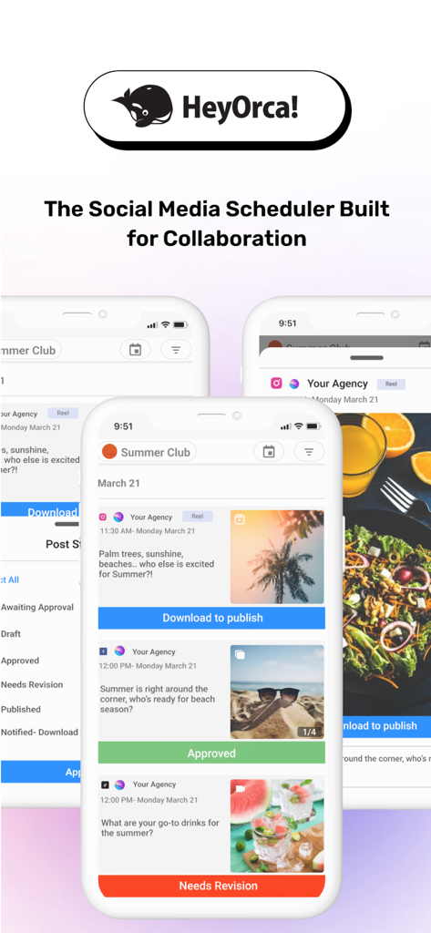 HeyOrca mobile app interface showing social media post scheduling and collaboration features with approval statuses.