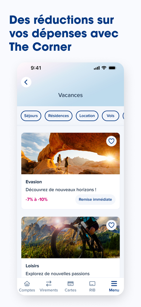 BoursoBank mobile app interface showing The Corner cashback and travel discounts for vacations and leisure activities