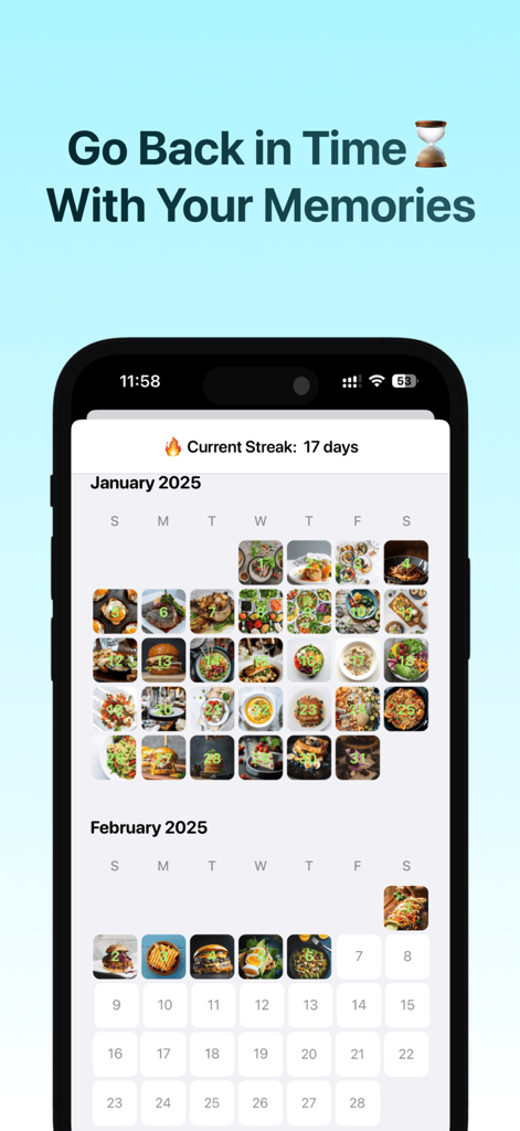 HealthMaxx: AI Calorie Tracker - Uma visualização de calendário mostrando fotos de refeições diárias e uma sequência de 17 dias de rastreamento no aplicativo HealthMaxx
