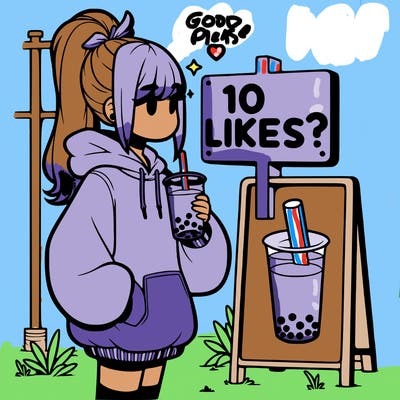 girl with oversized hoodie drinking boba and she has a high ponytail with a sign that says 10likes?