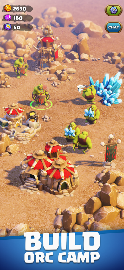 Orecraft: Mining Camp - Orc characters mining blue crystals and constructing a settlement in the game Orecraft