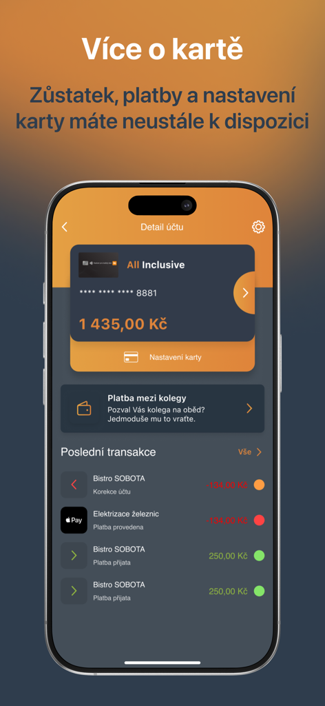 Tela de conta do aplicativo móvel Muj Up mostrando o saldo do cartão virtual e um histórico de transações recentes.