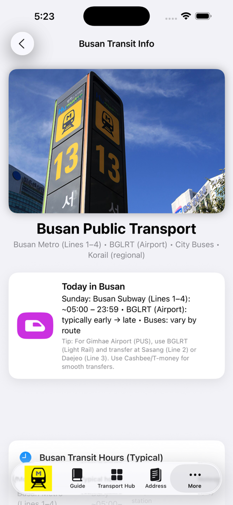 Busan Subway Map - Busan Public Transport information screen showing metro hours and airport transfer tips.