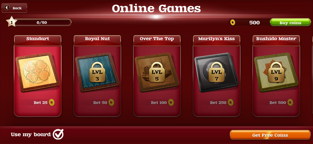 Narde - classic backgammon - Selection screen for online backgammon matches showing themed game boards and betting levels