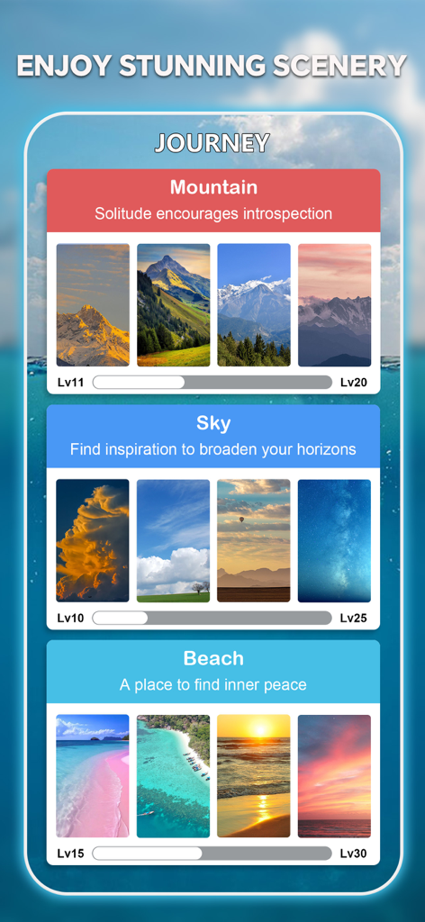 Une sélection de magnifiques thèmes naturels dans le jeu Otium Mot Caché, y compris des arrière-plans de ciel de montagne et de plage.