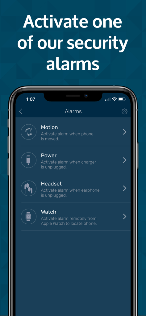 Mobile Security Protection App - Application de protection de sécurité mobile affichant diverses options d'alarme de sécurité de l'appareil comme les alertes de mouvement et de mise sous/hors tension