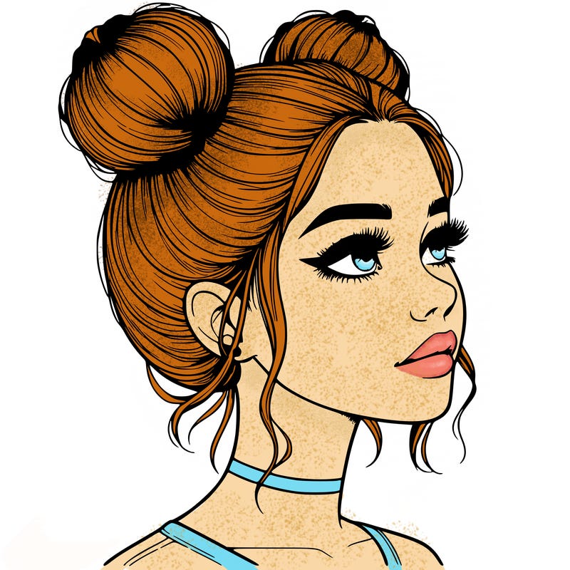 realistic girl with buns on the top of her head