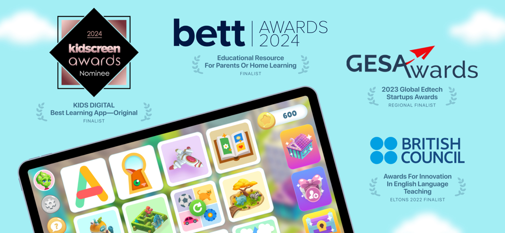 Plingo: English - Award winning Plingo English learning app showing Bett Awards and British Council nominations