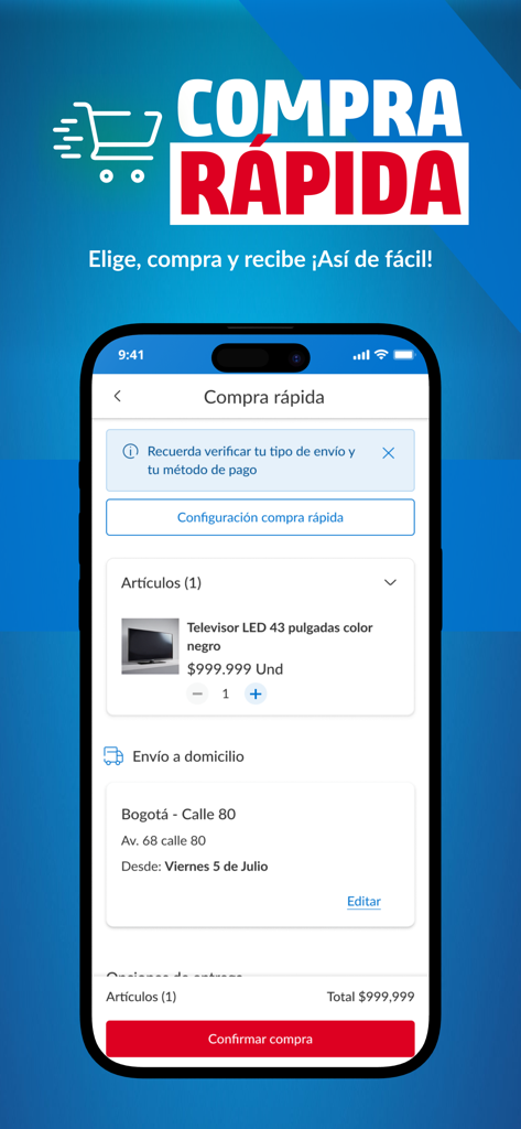 Homecenter mobile app interface showing the quick buy checkout process for a television