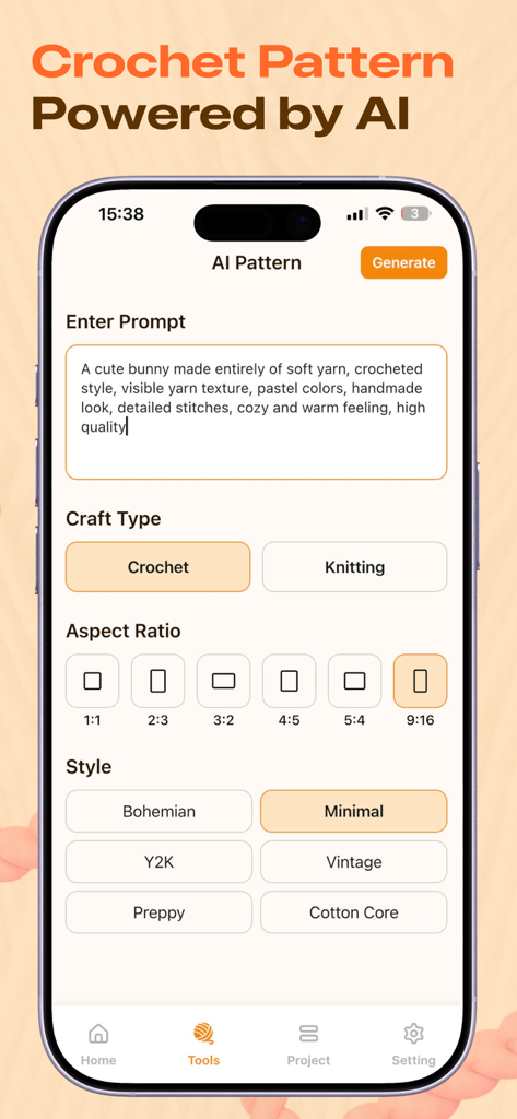 The Yarno app interface showing an AI pattern generation tool with prompts for a crochet bunny and customizable style settings.