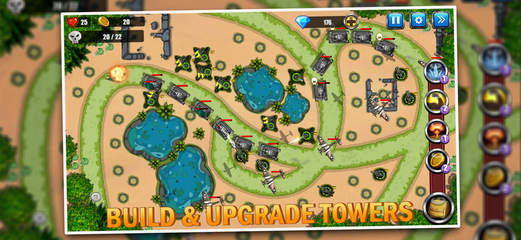 Tower Defense: Toy War 2 - Captura de pantalla del juego de Tower Defense Toy War 2 mostrando tanques y aviones en un mapa táctico
