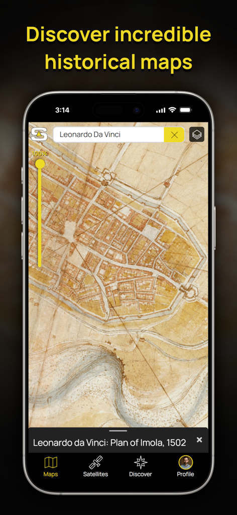 Soar - The New Atlas - Smartphone screen showing a 1502 historical map of Imola by Leonardo da Vinci in the Soar app interface