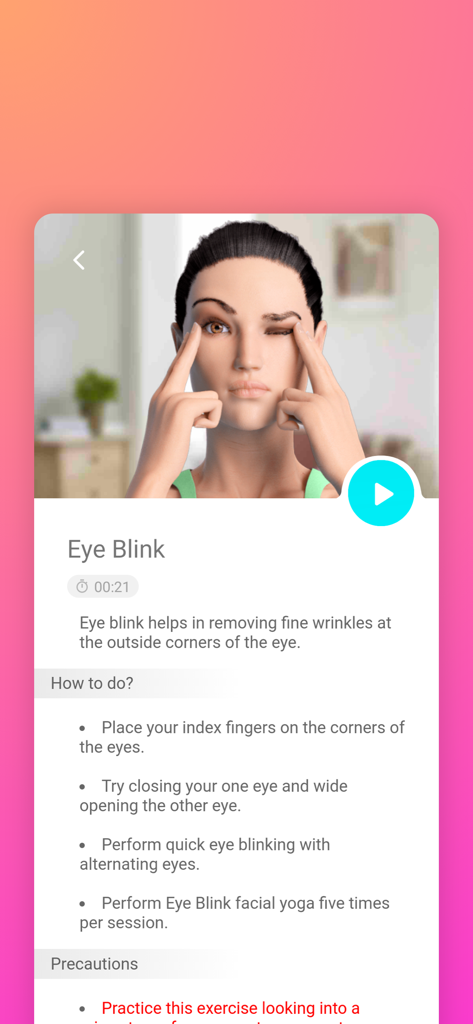 A 3D model demonstrating the Eye Blink facial yoga exercise to reduce fine wrinkles.