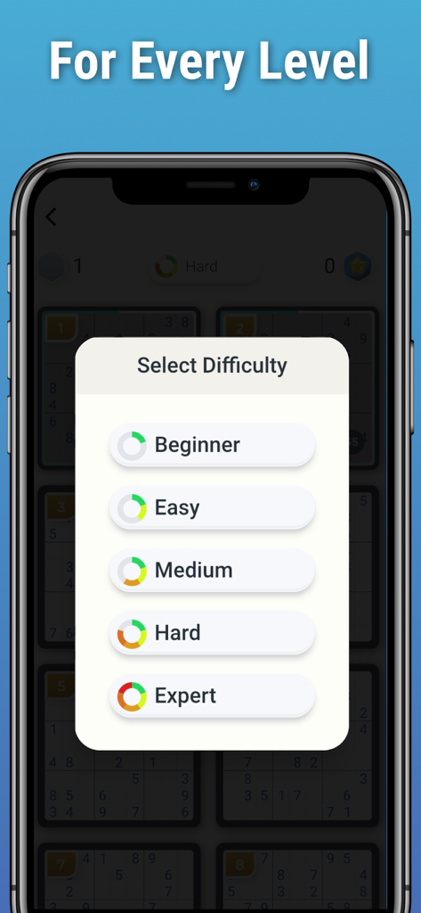 Suguru & Variants by Logic Wiz - Suguru and Variants app screenshot showing difficulty selection menu with beginner easy medium hard and expert levels