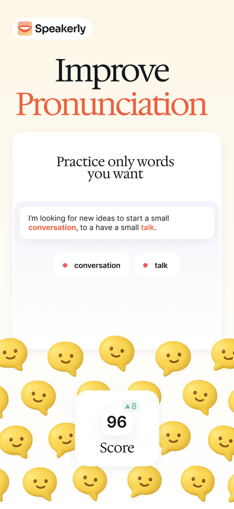 Speakerly AI app screen showing pronunciation practice for specific words with an AI feedback score