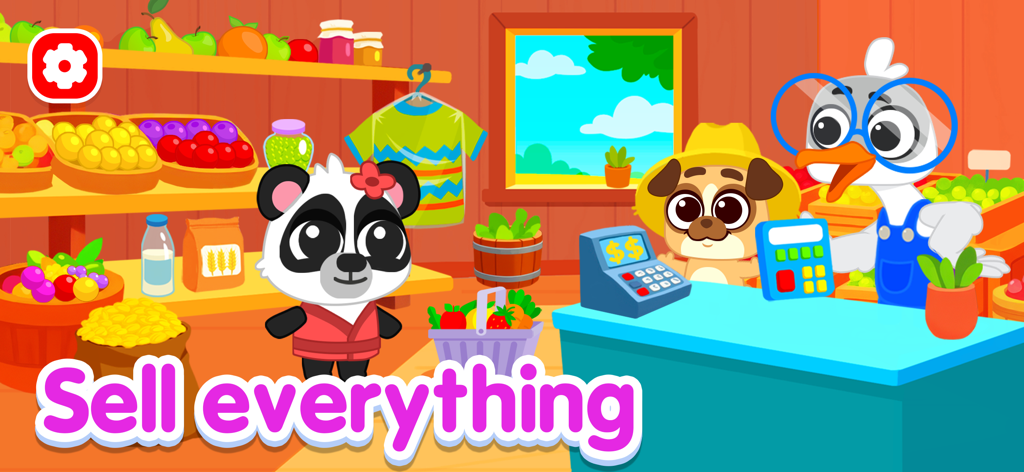 Farming game: Animal farm life - カラフルな農場の店で果物や野菜を売る、パンダ、犬、アヒルのカートゥーンキャラクター