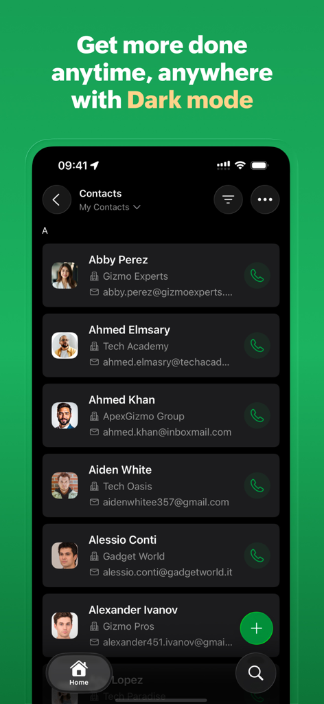Bigin by Zoho CRM - Liste des contacts Bigin CRM en mode sombre