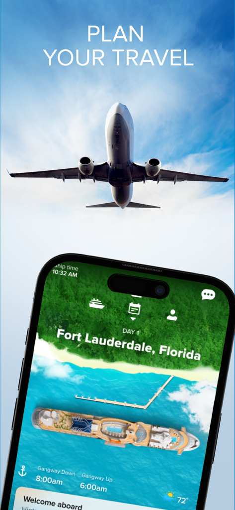Smartphone screen displaying the Celebrity Cruises app interface featuring an itinerary for Fort Lauderdale with a plane flying in the sky above