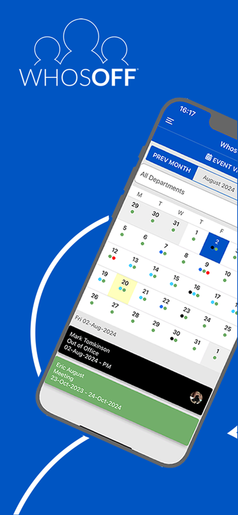 WhosOff. - Mobile phone screen showing the WhosOff app team calendar with color coded staff leave and absence entries.