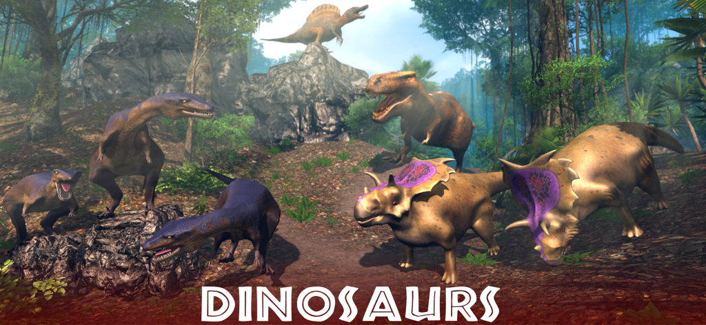 VR Jurassic - Dino Park World - Una escena de jungla prehistórica con diferentes especies de dinosaurios, incluyendo un T-Rex y un Triceratops.