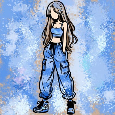 girl in baggy pants crop top and long hair