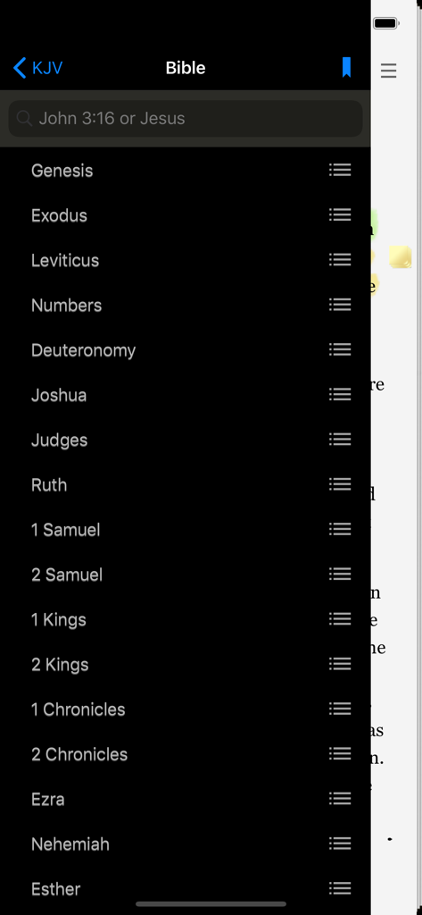 Navigation menu of the Bible app showing a list of books from Genesis to Esther in dark mode