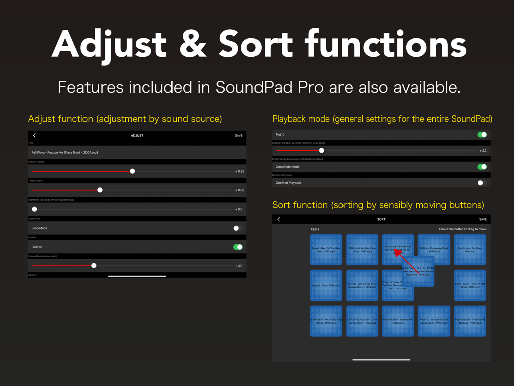Oberfläche von SoundPad Pro Max mit Schiebereglern zur Soundanpassung und einem Gitter zum Sortieren von Pads.