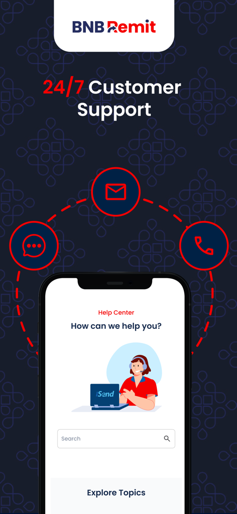 BNB Remit - BNB Remit mobile app screenshot showing 24 7 customer support features and help center screen