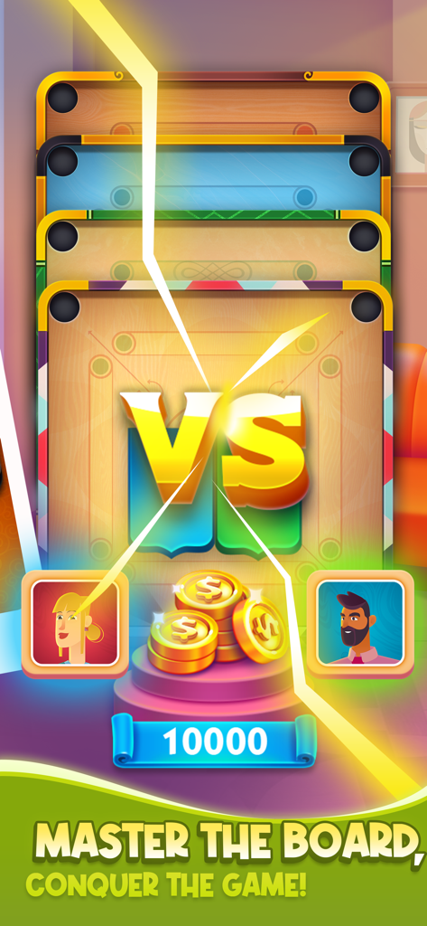 Carrom Clan multiplayer versus screen showing various board designs and player avatars with gold coins