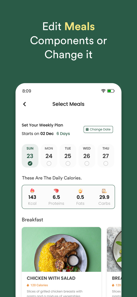 Interface of the Health Choice App showing a weekly meal planner with daily calorie and nutrient tracking.