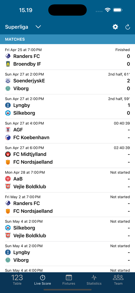 Danish Superliga live scores and match schedule on the Football DK app