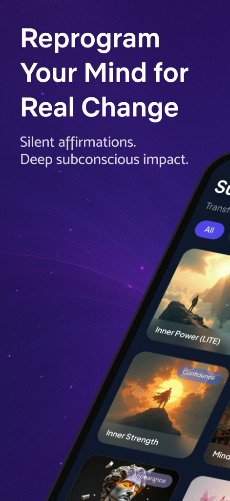 Sublimind: Custom Subliminals - Interface do aplicativo Sublimind exibindo faixas de áudio subliminar para força interior e confiança